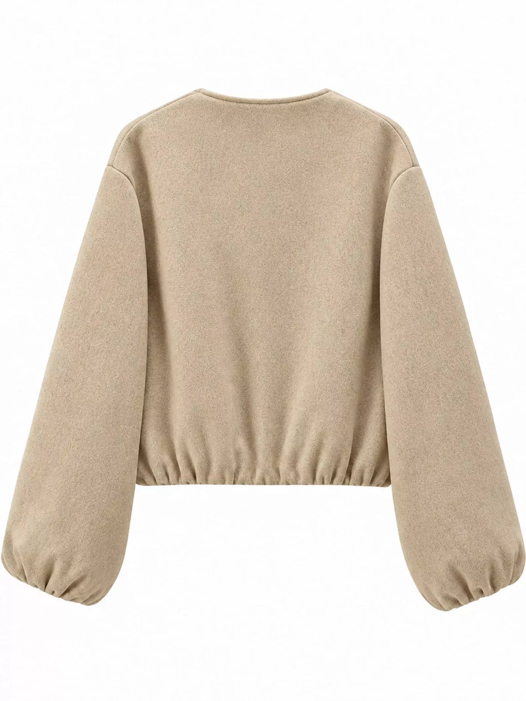 Khaki round-neck zip-up jacket with gathered hem and sleeves, back view.