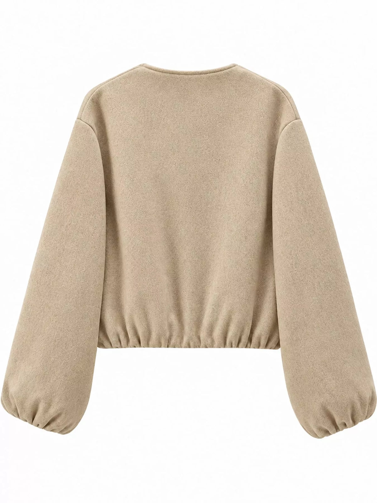 Khaki round-neck zip-up jacket with gathered hem and sleeves, back view.