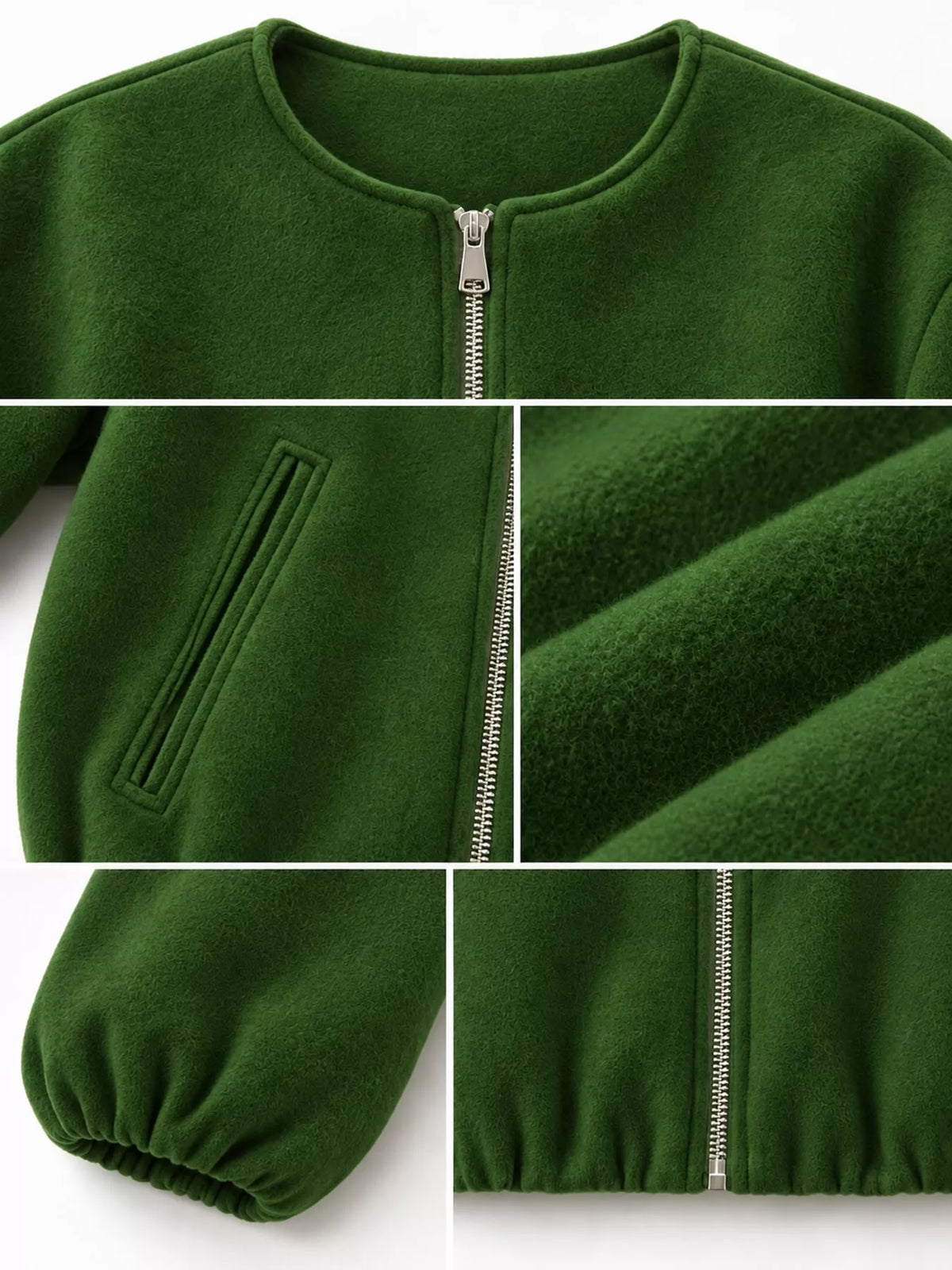 Collage of the grass-green jacket's round neckline, zipper, pocket, fabric, cuff and gathered hem.