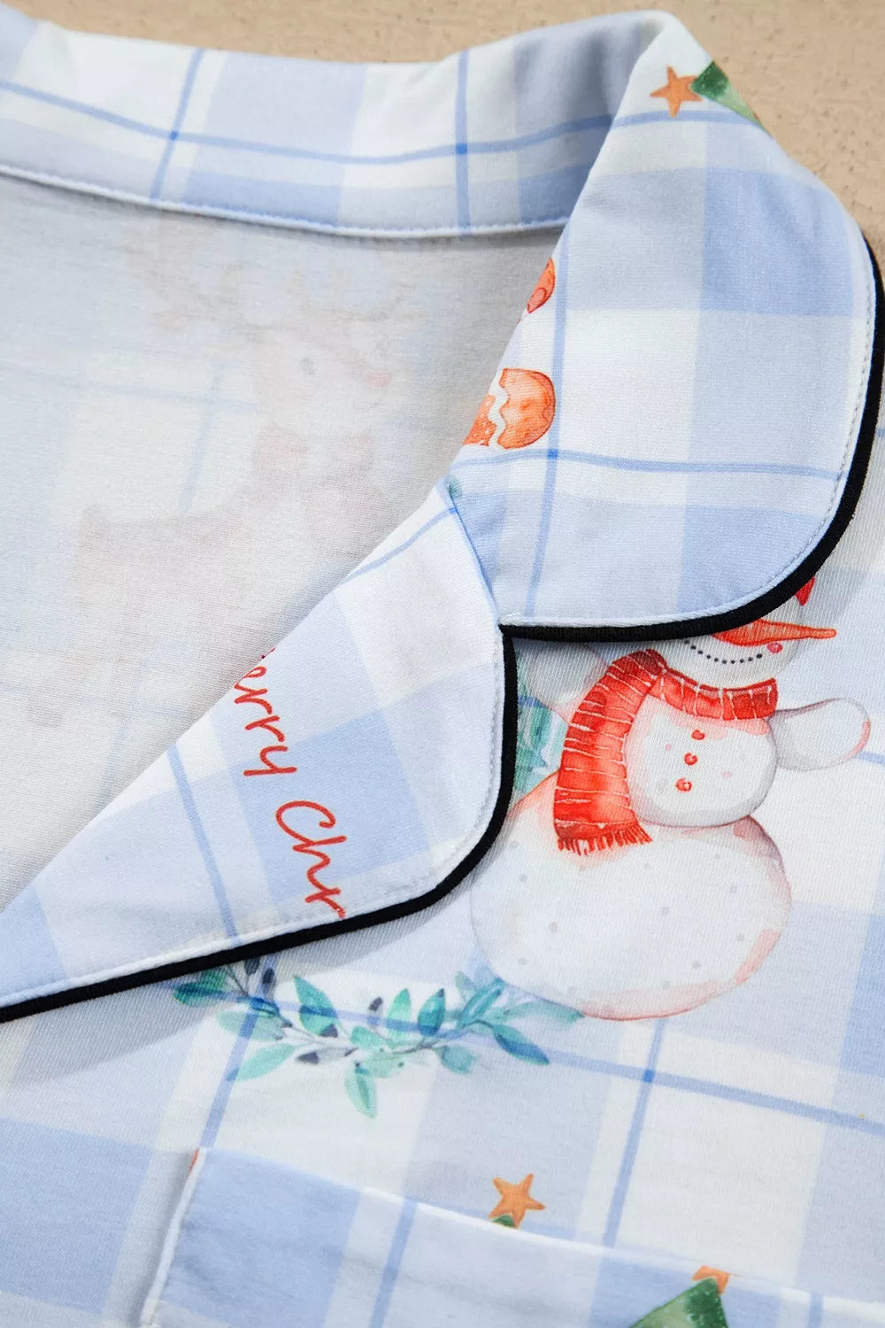 Light blue plaid Cartoon Christmas Pattern Shirt Top 2pcs Pajama Set — detail view