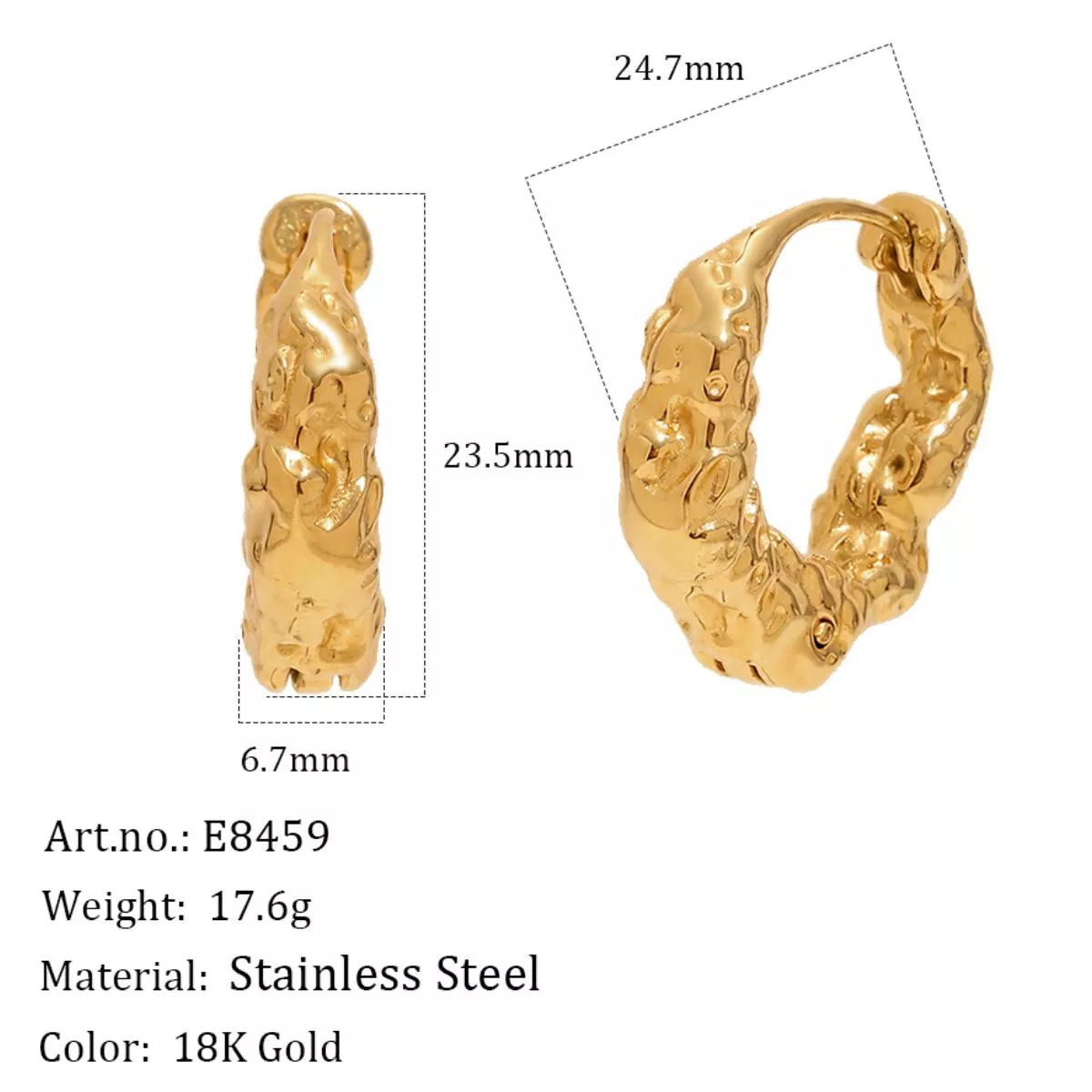 Measurements diagram for textured gold-tone hoop earrings