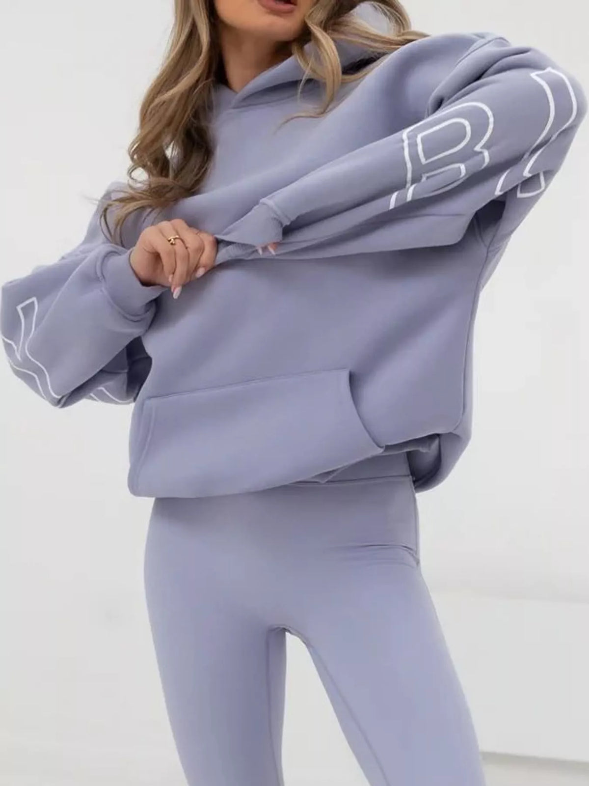Lavender letter Back Hoodie with Kangaroo Pocket