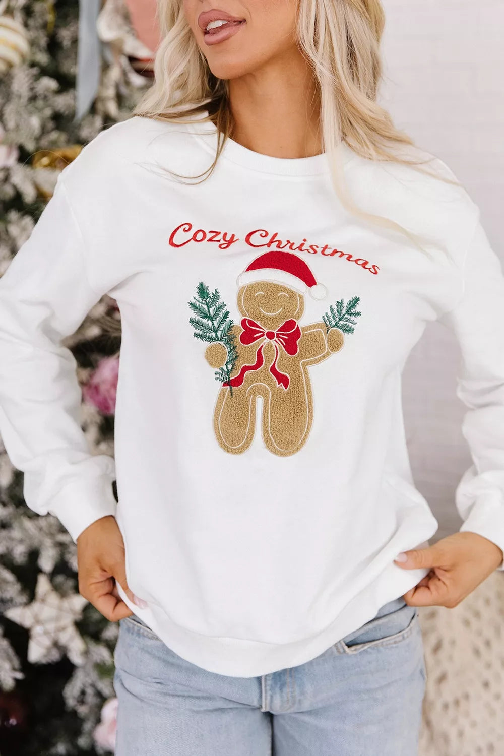 White embroidered Gingerbread Cozy Christmas Long Sleeve Round Neck Sweatshirt