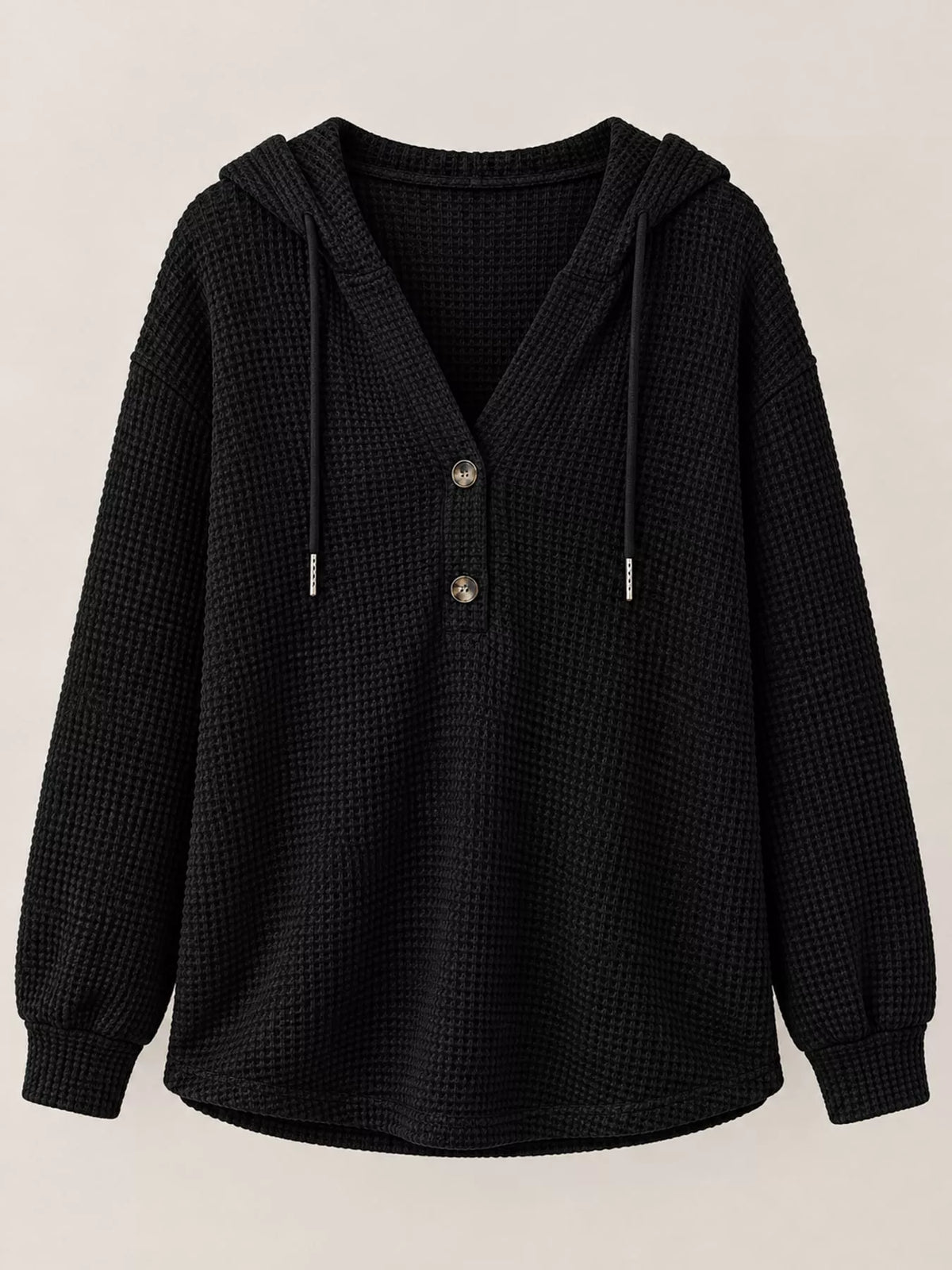Black waffle Knit Button Detail Hoodie