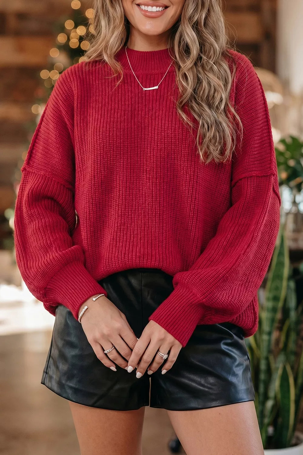 Red long Sleeve Ribbed Knit Stand Neck Sweater