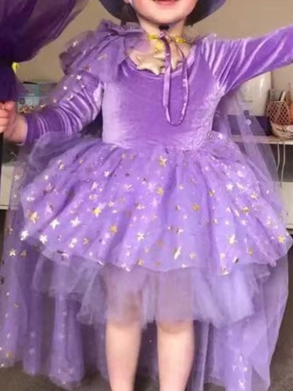 Purple velvet-look dress with star-patterned tulle skirt and mesh cape worn by a child