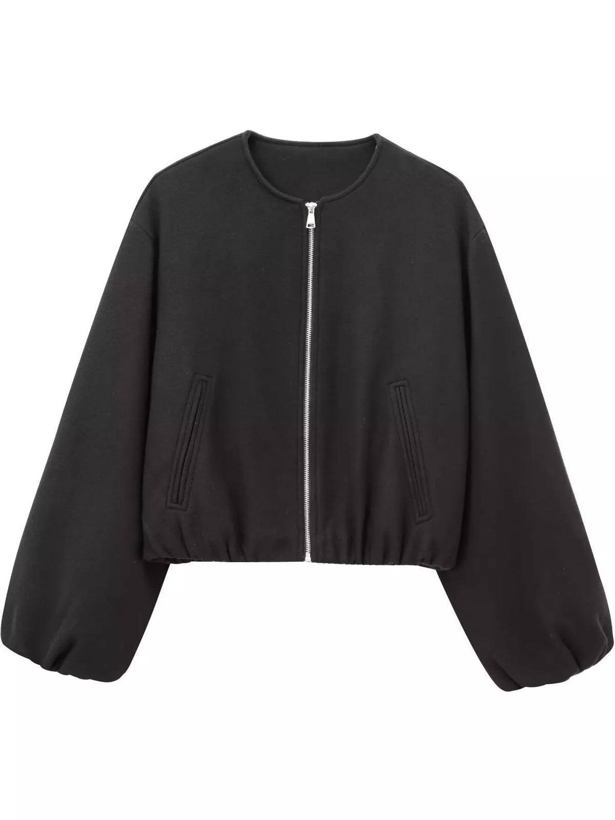 Black round-neck zip-up jacket with gathered hem and sleeves, front view.