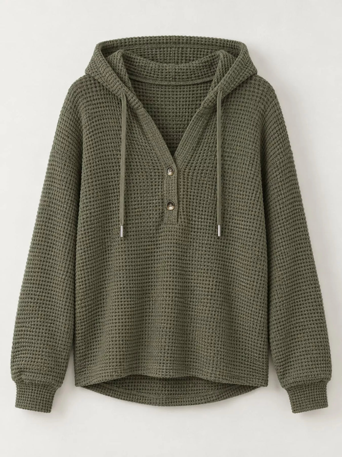 Olive green waffle Knit Button Detail Hoodie
