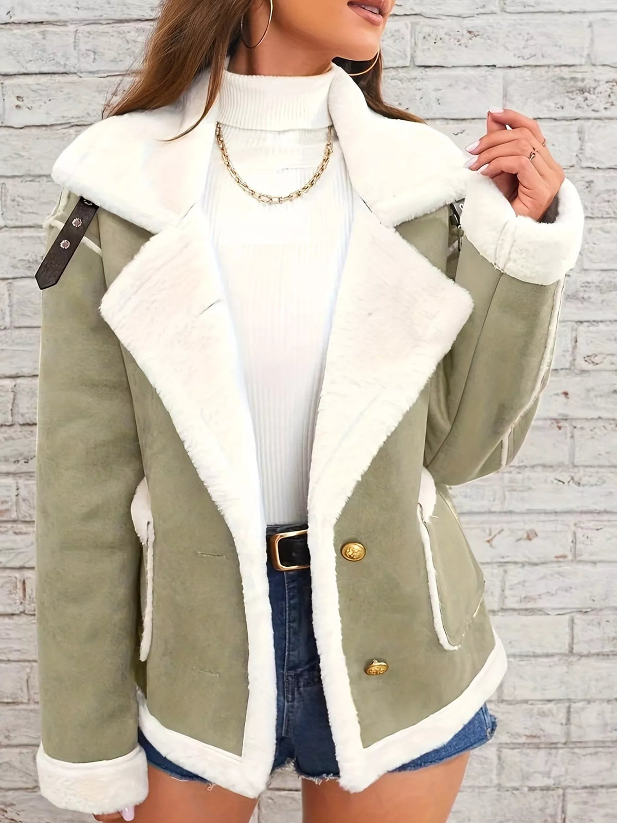 Matcha-green jacket with wide white plush lapels, contrast trim and front pockets, front view modeled holding the lapel.