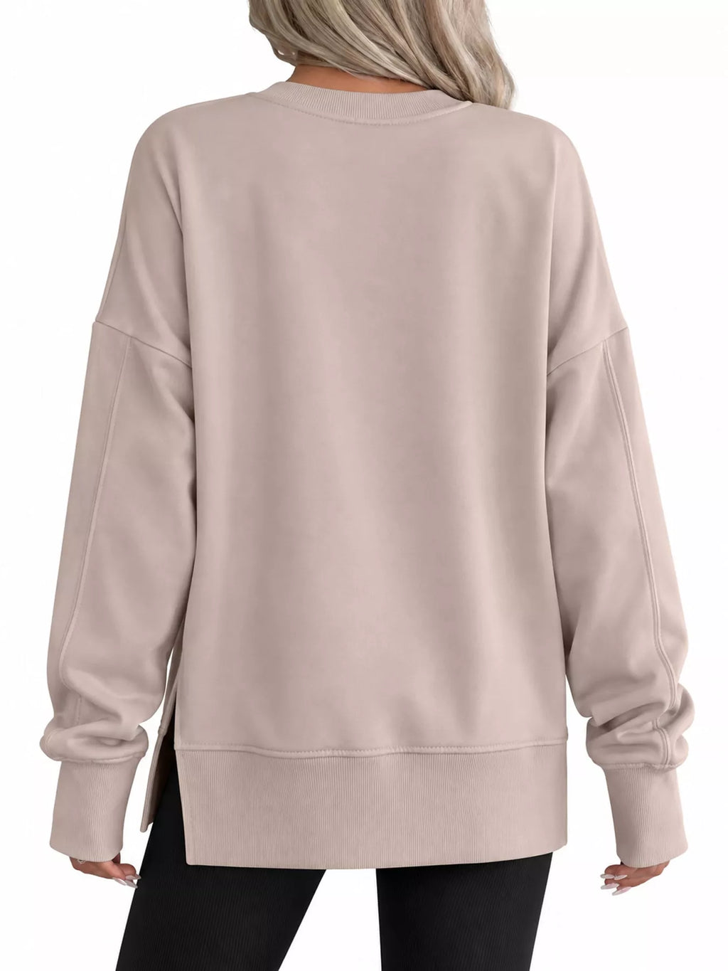 Taupe oversized Crew Neck Sweatshirt with Side Slit — back view