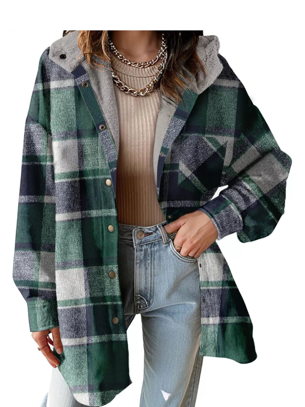Green plaid hooded jacket worn open, front view.
