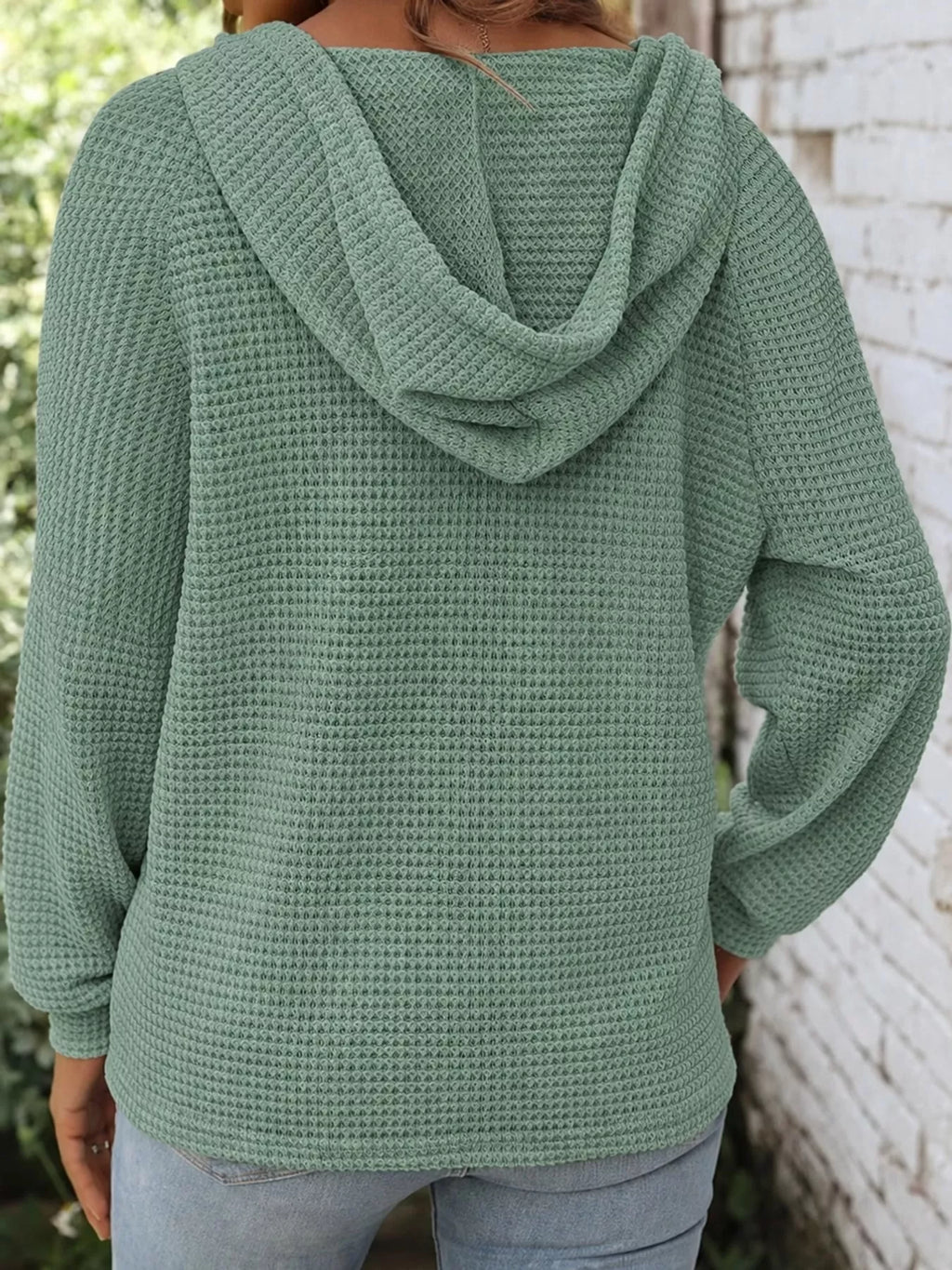 Sage green waffle Knit Button Detail Hoodie — back view
