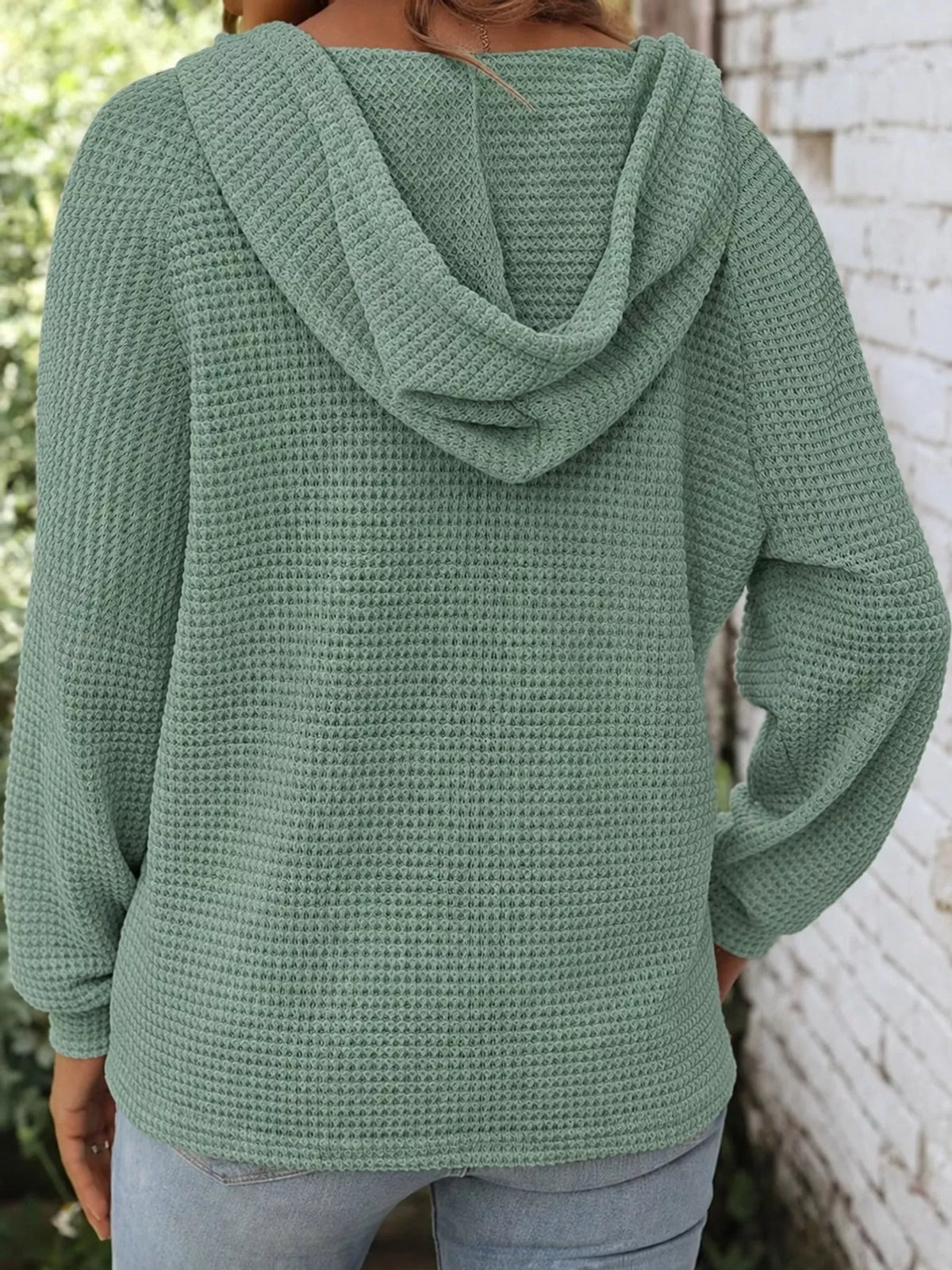 Sage green waffle Knit Button Detail Hoodie — back view