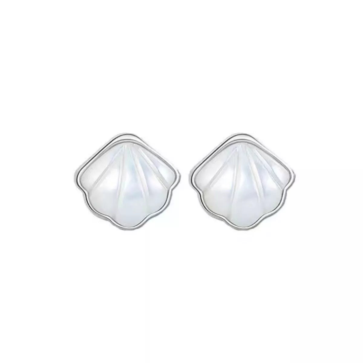 Silver-tone shell-shaped stud earrings with white centers — detail view