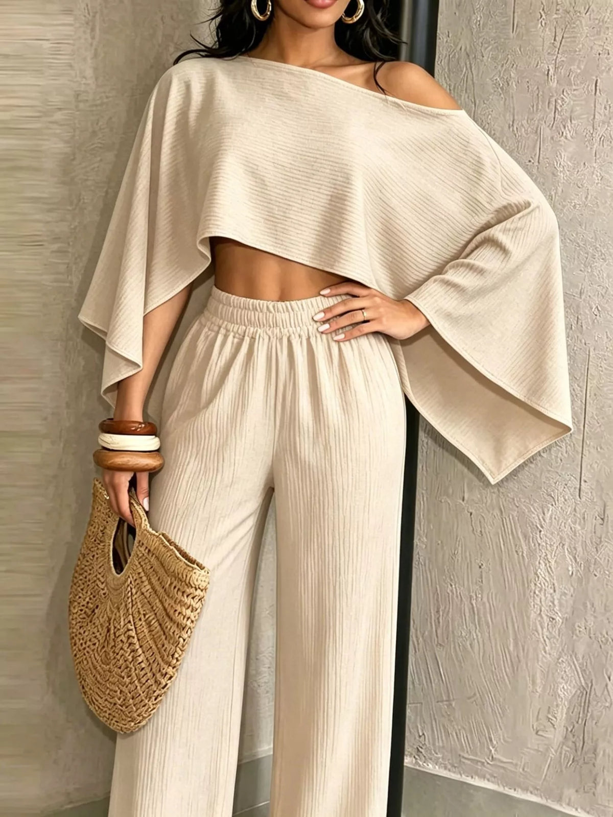 Cream boat Neck Crop Top and Wide-Leg Pants Set