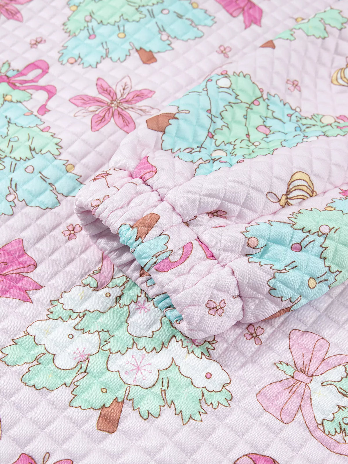Pink christmas Print Collar Half Button Loose Sweatshirt — detail view