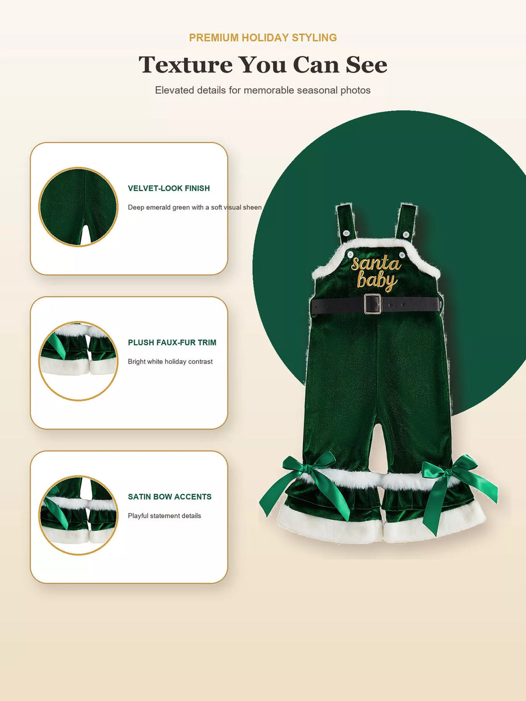Green Santa Baby overalls with inset close-ups of the fabric and white-trimmed legs.