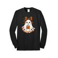 Front view of a black long-sleeve T-shirt showing a smiling ghost wearing an orange-and-black bow and holding a pumpkin bucket, with floral and bat accents.