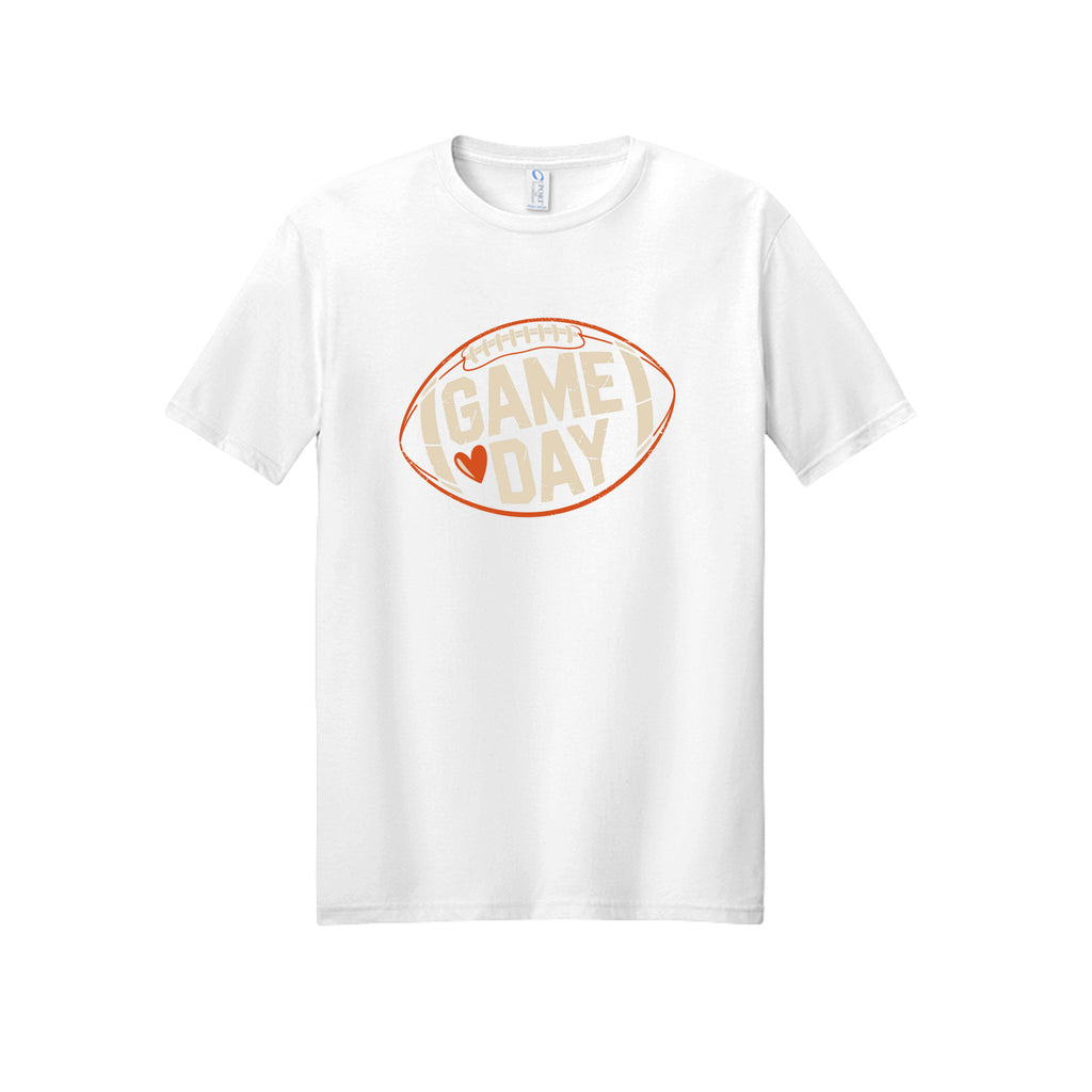 Front view of a white short-sleeve T-shirt with cream Game Day lettering and a heart inside an orange football outline.