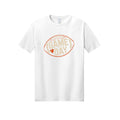 Front view of a white short-sleeve T-shirt with cream Game Day lettering and a heart inside an orange football outline.