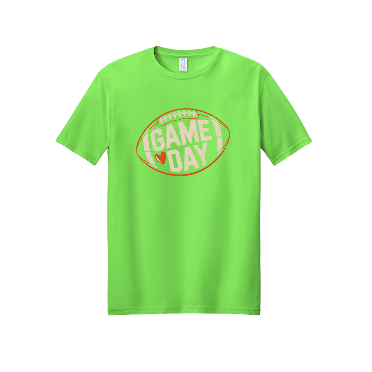 Front view of a lime short-sleeve T-shirt with cream Game Day lettering and a heart inside an orange football outline.