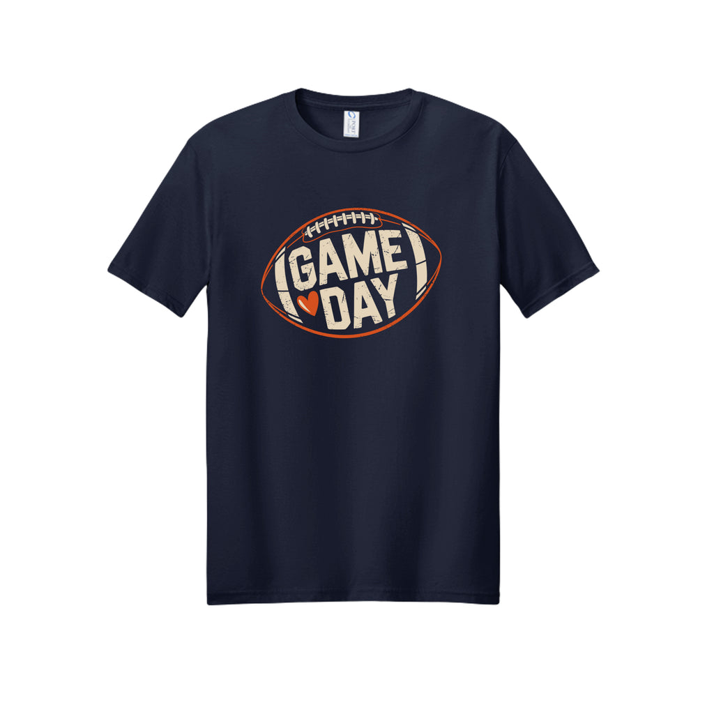 Front view of a navy short-sleeve T-shirt with cream Game Day lettering and a heart inside an orange football outline.