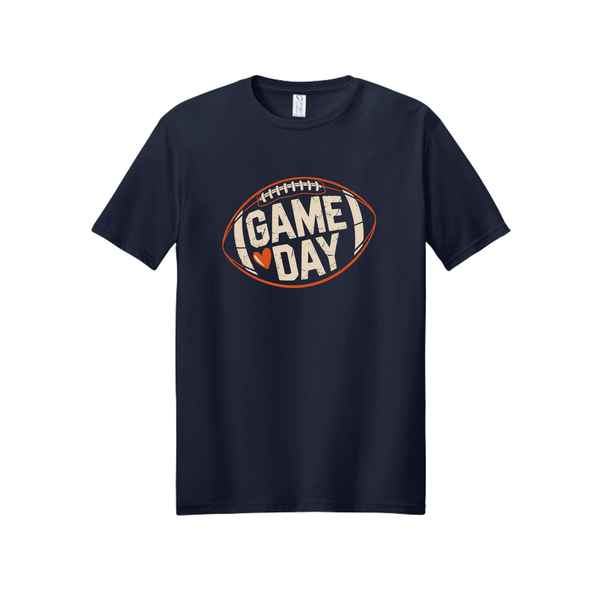 Front view of a navy short-sleeve T-shirt with cream Game Day lettering and a heart inside an orange football outline.