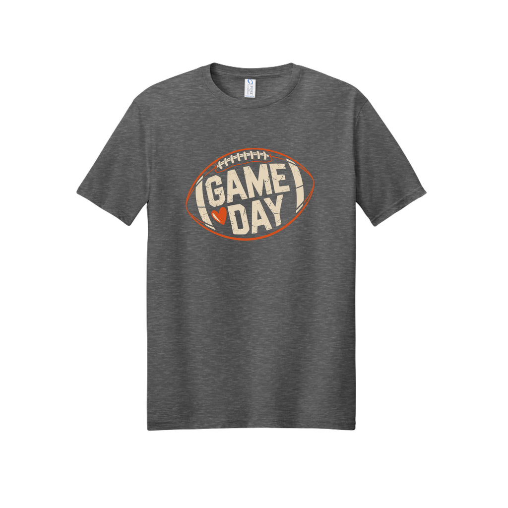 Front view of a gray short-sleeve T-shirt with cream Game Day lettering and a heart inside an orange football outline.