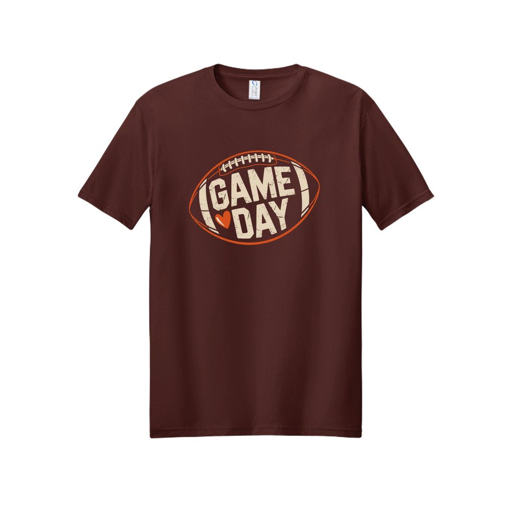 Front view of a brown short-sleeve T-shirt with cream Game Day lettering and a heart inside an orange football outline.