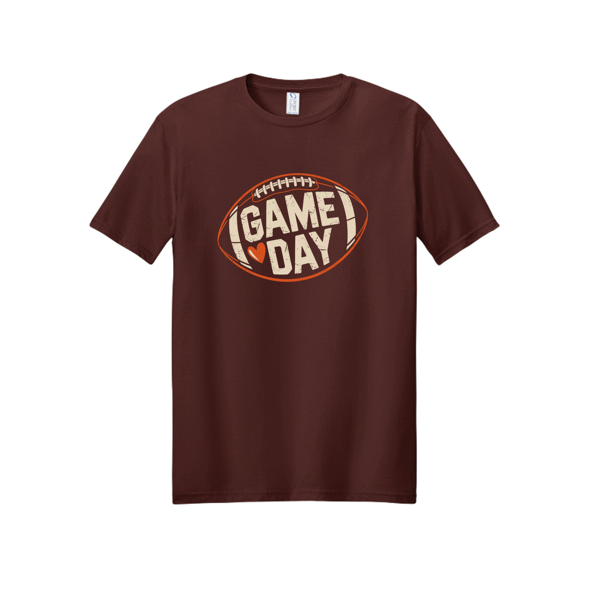Front view of a brown short-sleeve T-shirt with cream Game Day lettering and a heart inside an orange football outline.