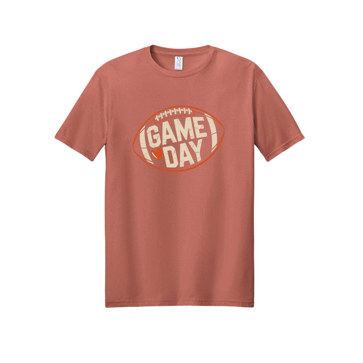 Front view of a dusty rose short-sleeve T-shirt with cream Game Day lettering and a heart inside an orange football outline.