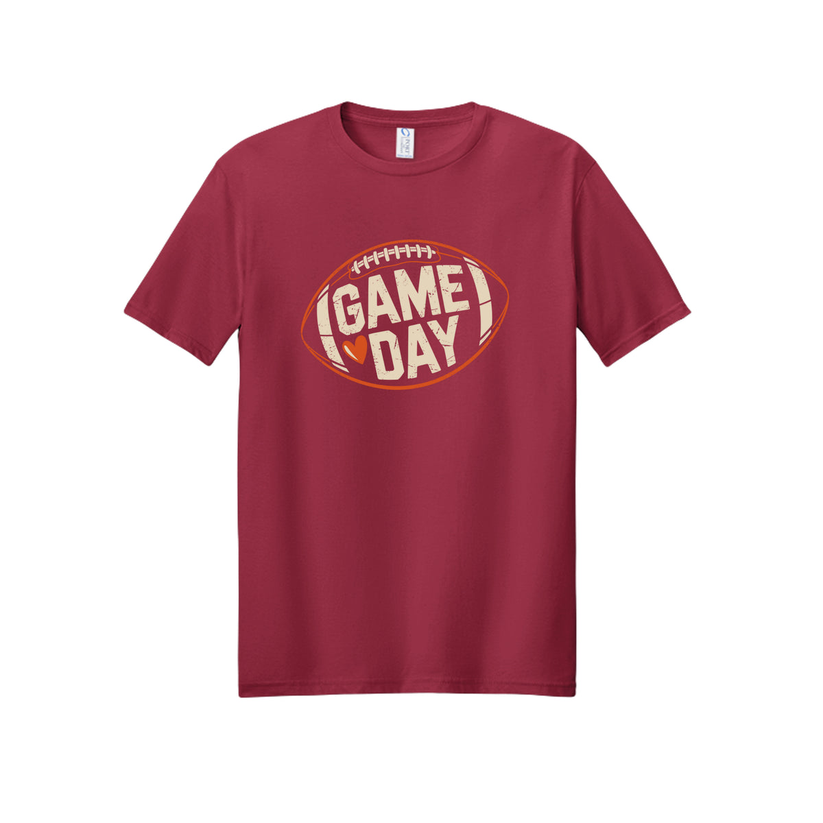 Front view of a red short-sleeve T-shirt with cream Game Day lettering and a heart inside an orange football outline.