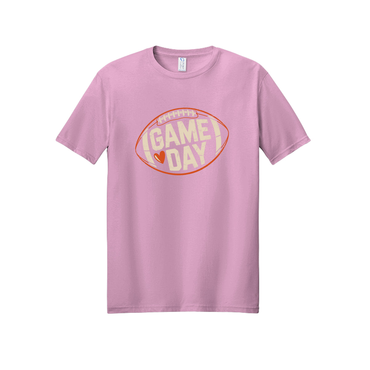 Front view of a light pink short-sleeve T-shirt with cream Game Day lettering and a heart inside an orange football outline.