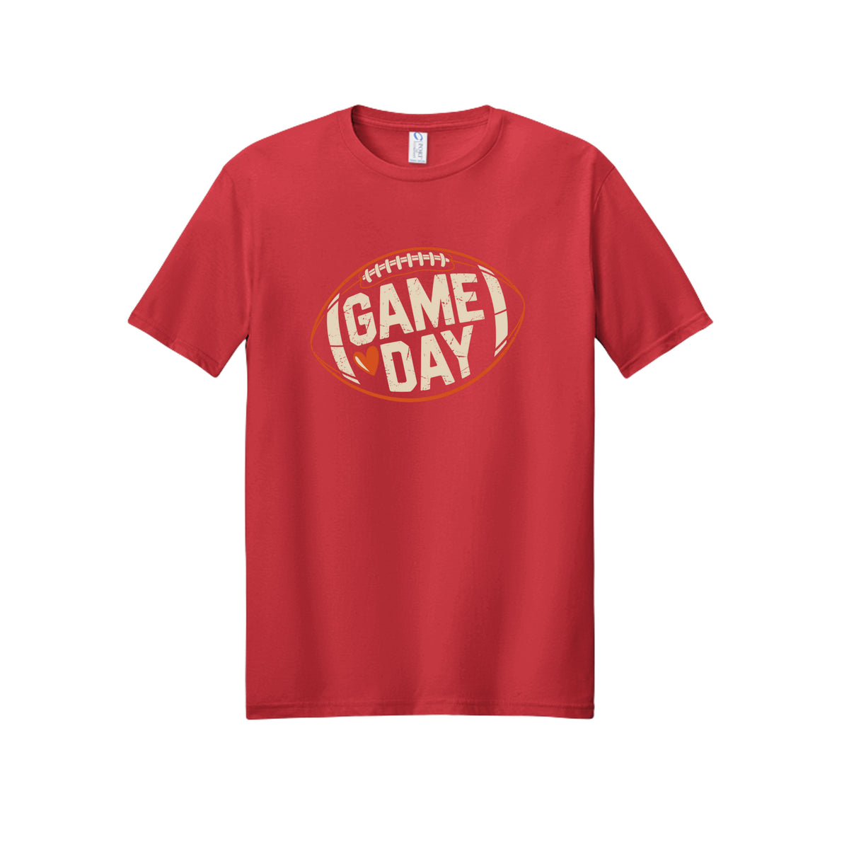 Front view of a red short-sleeve T-shirt with cream Game Day lettering and a heart inside an orange football outline.