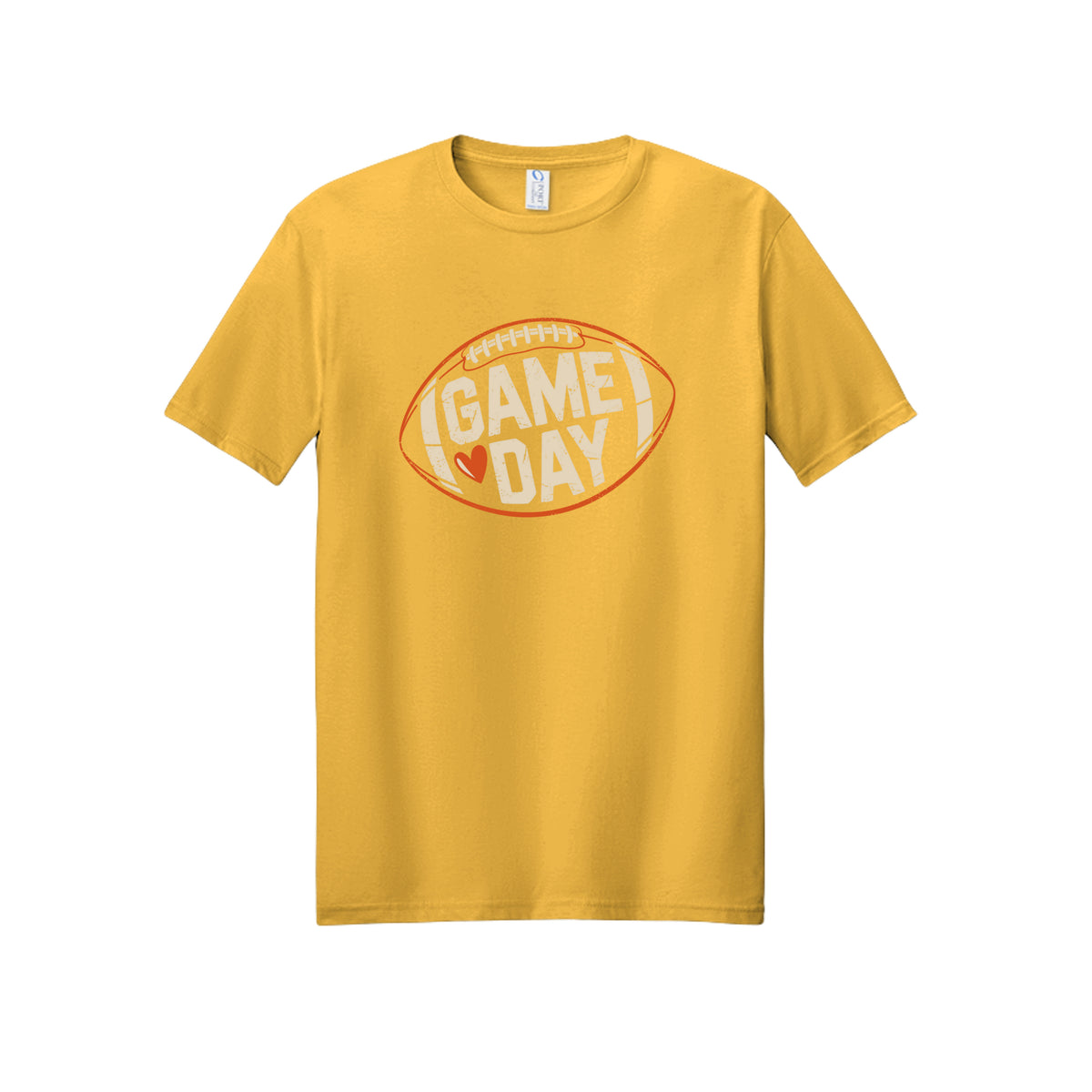 Front view of a gold short-sleeve T-shirt with cream Game Day lettering and a heart inside an orange football outline.