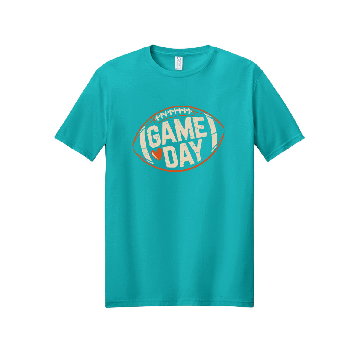 Front view of a teal short-sleeve T-shirt with cream Game Day lettering and a heart inside an orange football outline.