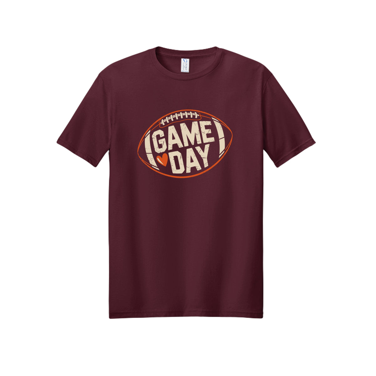 Front view of a burgundy short-sleeve T-shirt with cream Game Day lettering and a heart inside an orange football outline.