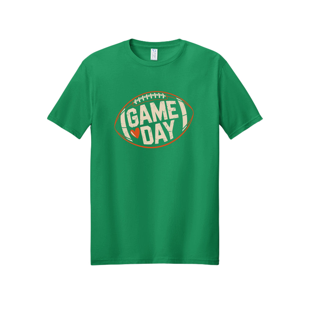 Front view of a green short-sleeve T-shirt with cream Game Day lettering and a heart inside an orange football outline.