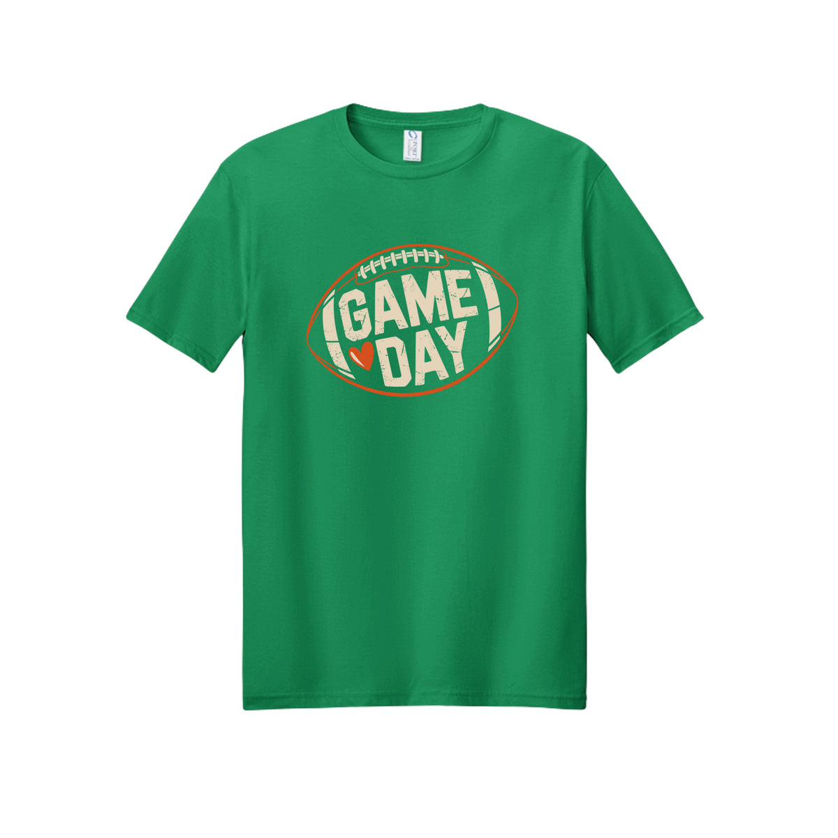 Front view of a green short-sleeve T-shirt with cream Game Day lettering and a heart inside an orange football outline.