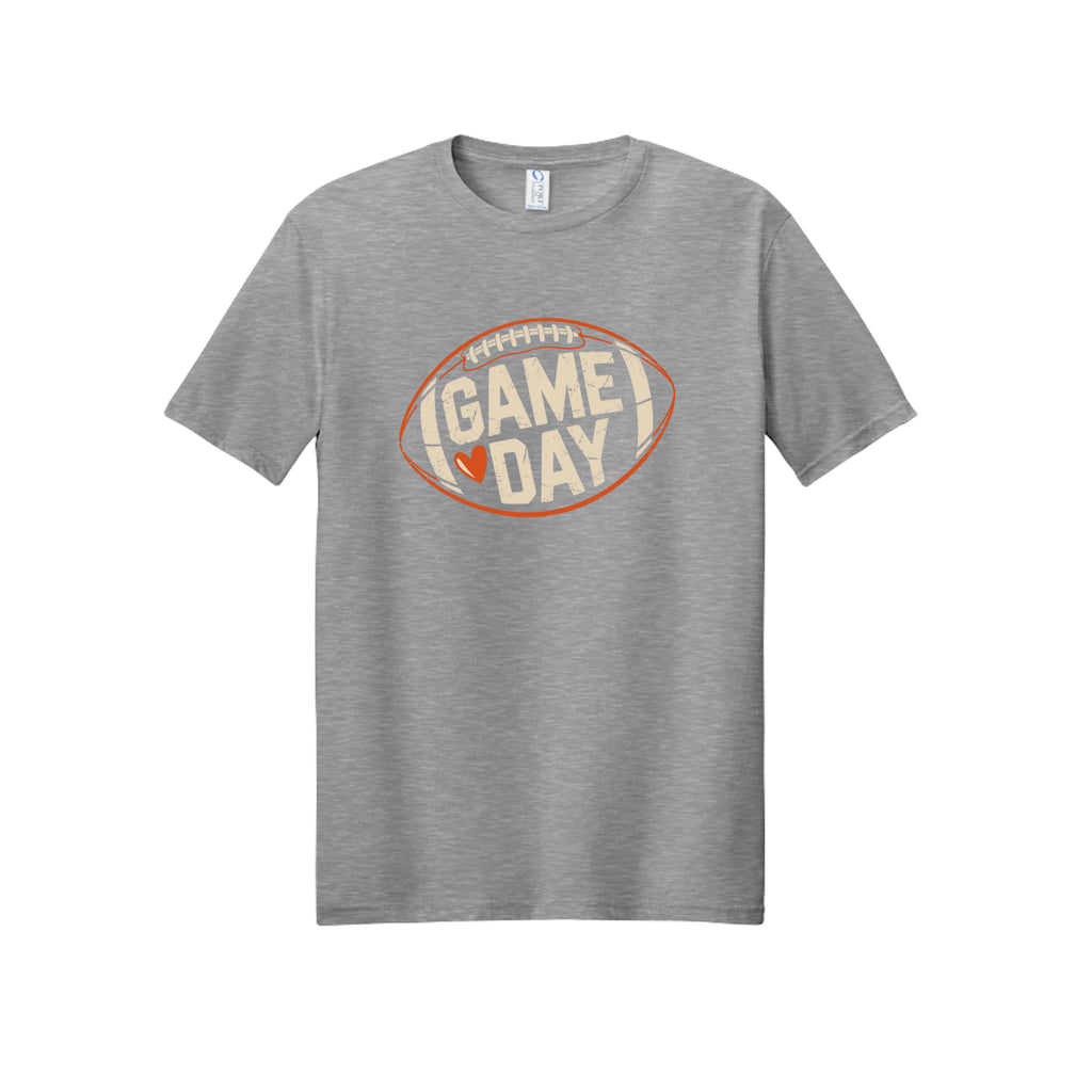 Front view of a gray short-sleeve T-shirt with cream Game Day lettering and a heart inside an orange football outline.