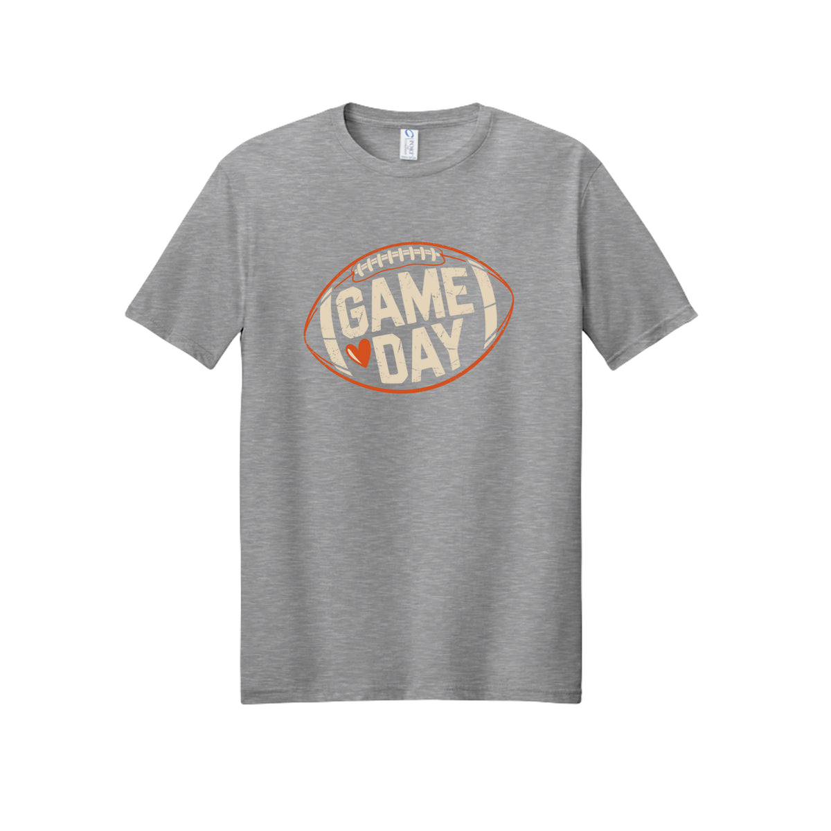 Front view of a gray short-sleeve T-shirt with cream Game Day lettering and a heart inside an orange football outline.