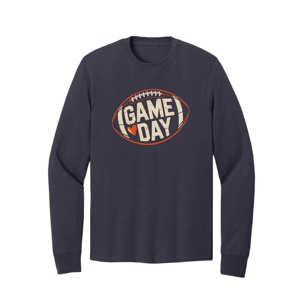 Front view of a navy long-sleeve T-shirt with cream Game Day lettering and a heart inside an orange football outline.