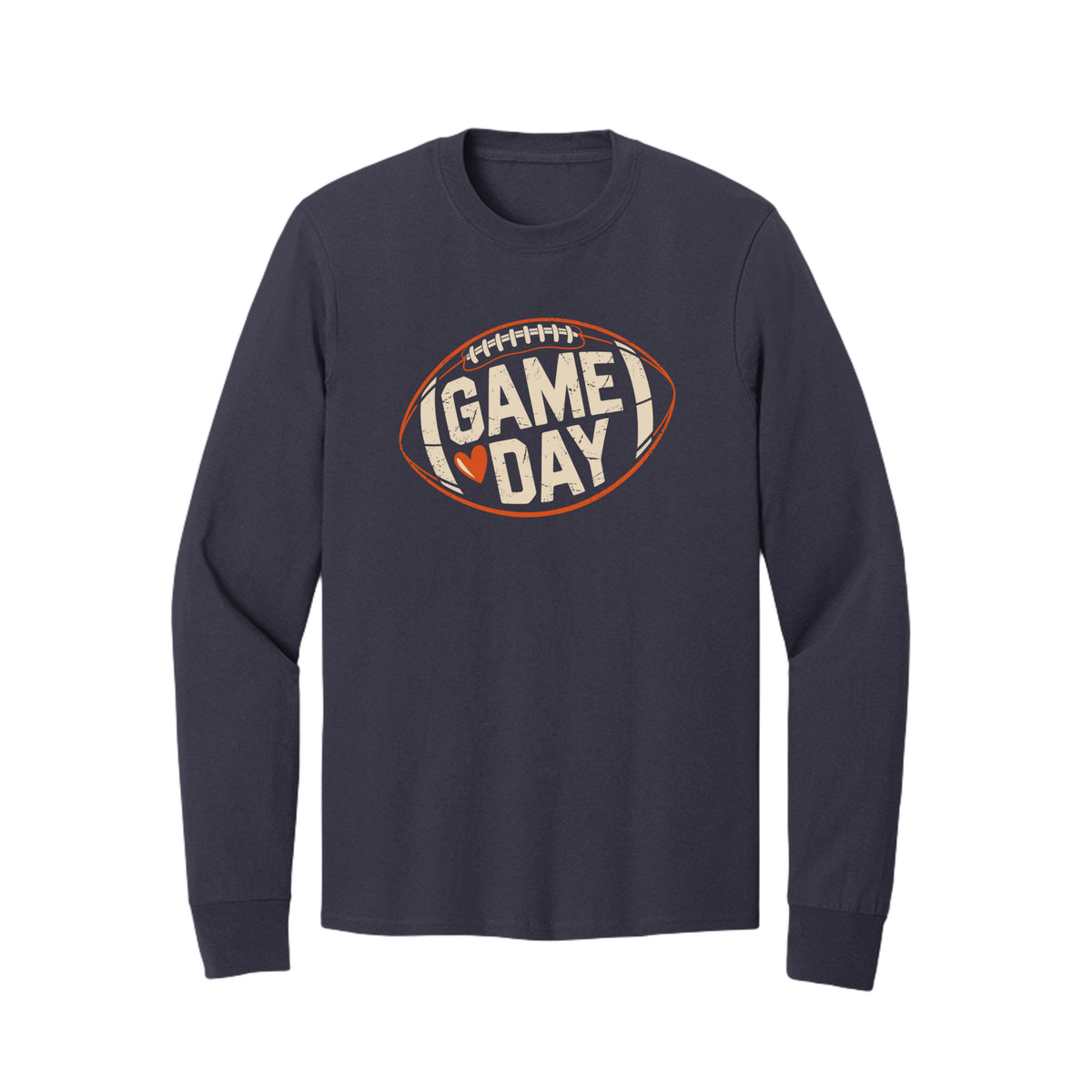 Front view of a navy long-sleeve T-shirt with cream Game Day lettering and a heart inside an orange football outline.