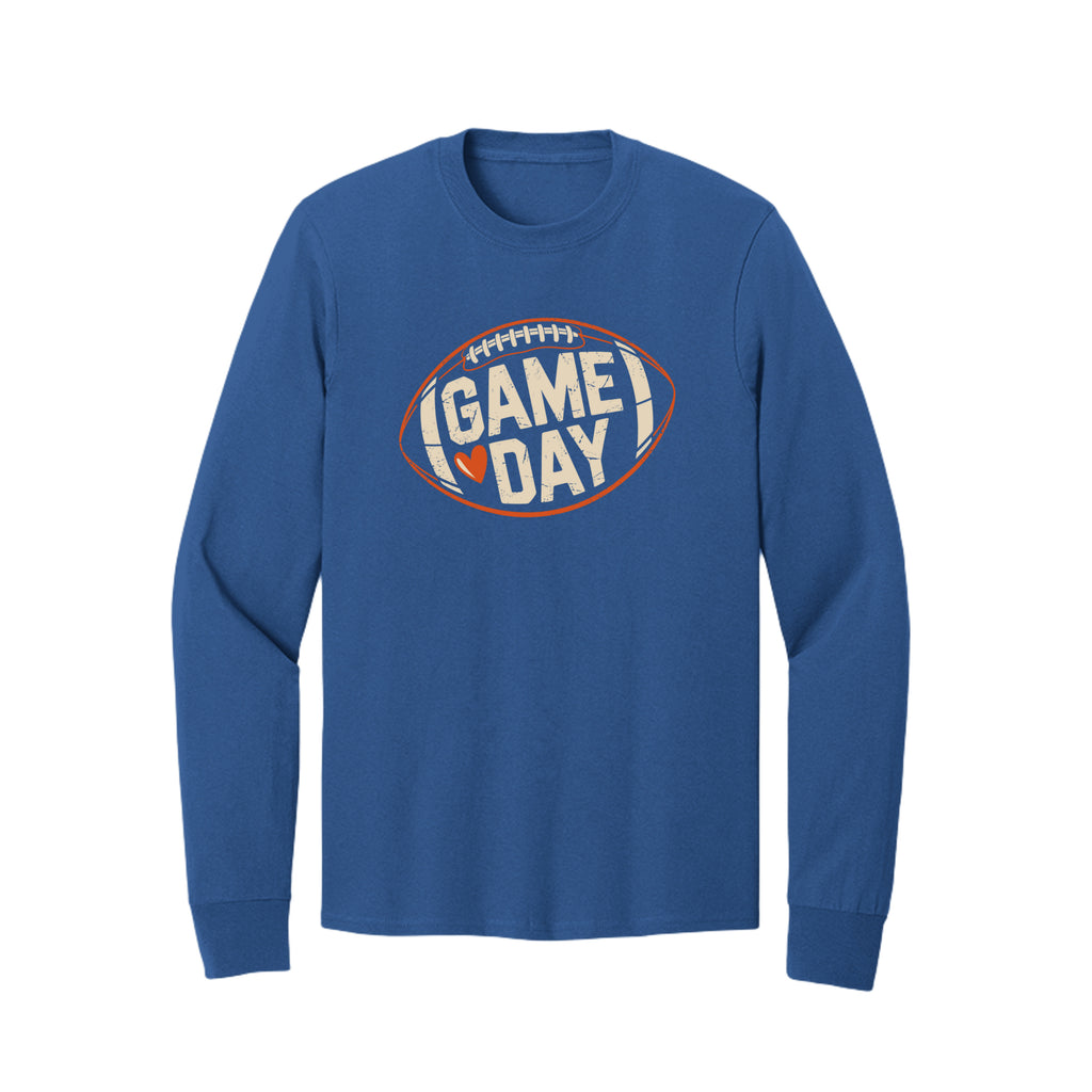 Front view of a blue long-sleeve T-shirt with cream Game Day lettering and a heart inside an orange football outline.