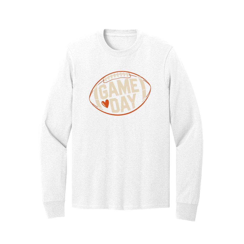 Front view of a white long-sleeve T-shirt with cream Game Day lettering and a heart inside an orange football outline.