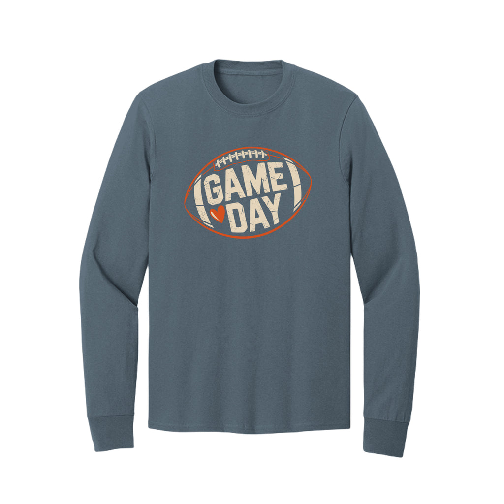 Front view of a blue long-sleeve T-shirt with cream Game Day lettering and a heart inside an orange football outline.