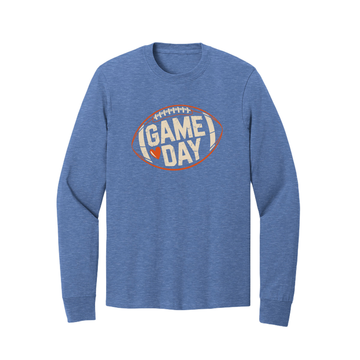 Front view of a blue long-sleeve T-shirt with cream Game Day lettering and a heart inside an orange football outline.