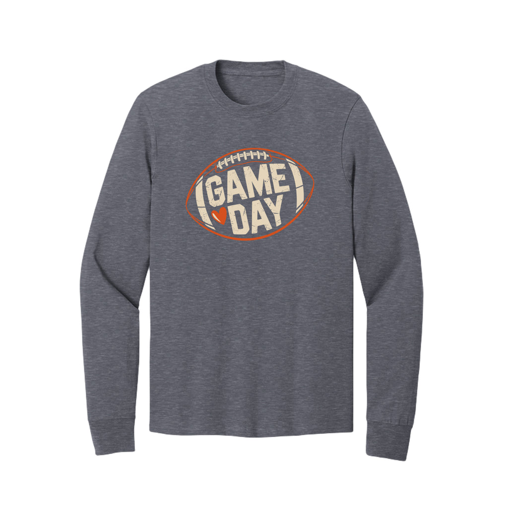 Front view of a gray long-sleeve T-shirt with cream Game Day lettering and a heart inside an orange football outline.