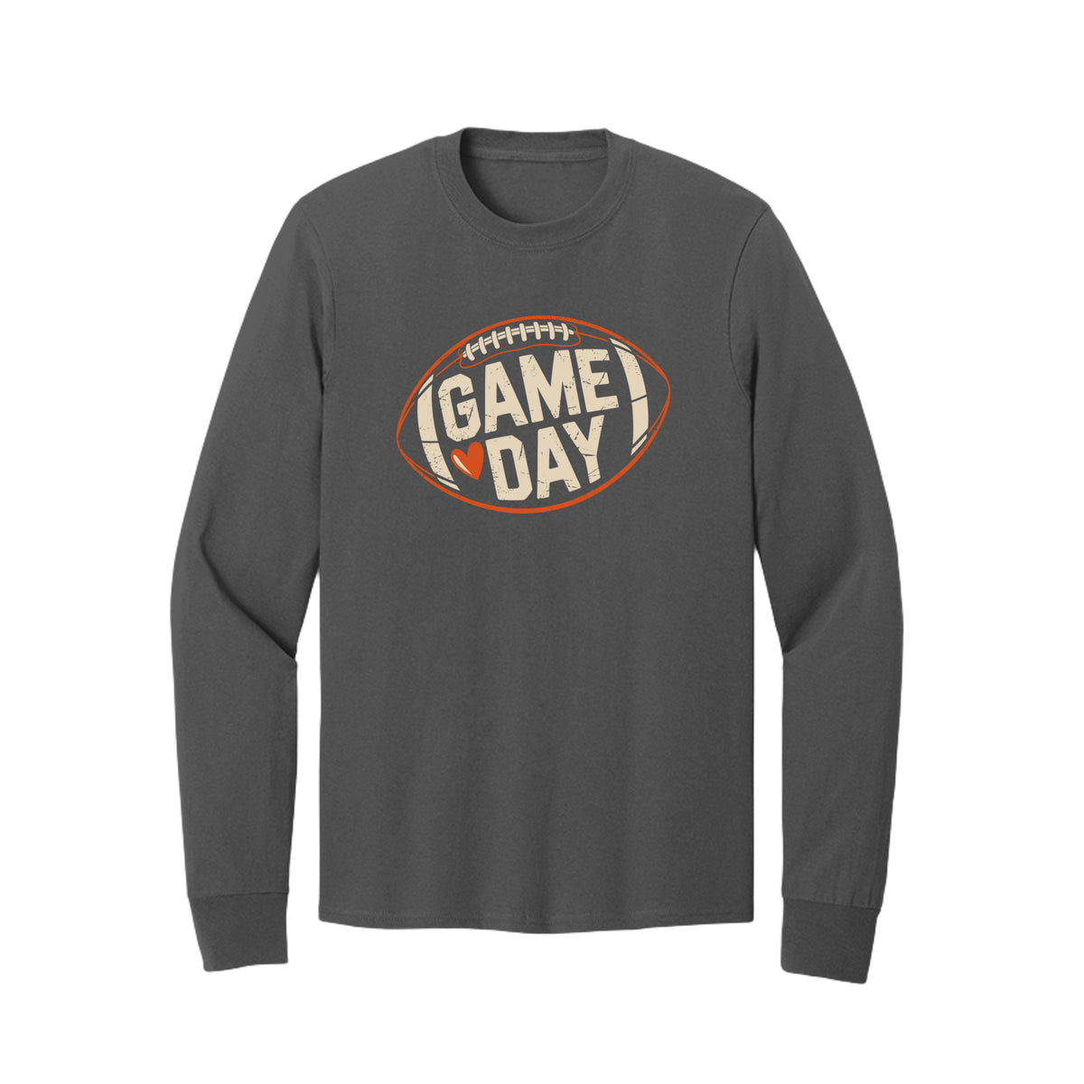 Front view of a gray long-sleeve T-shirt with cream Game Day lettering and a heart inside an orange football outline.