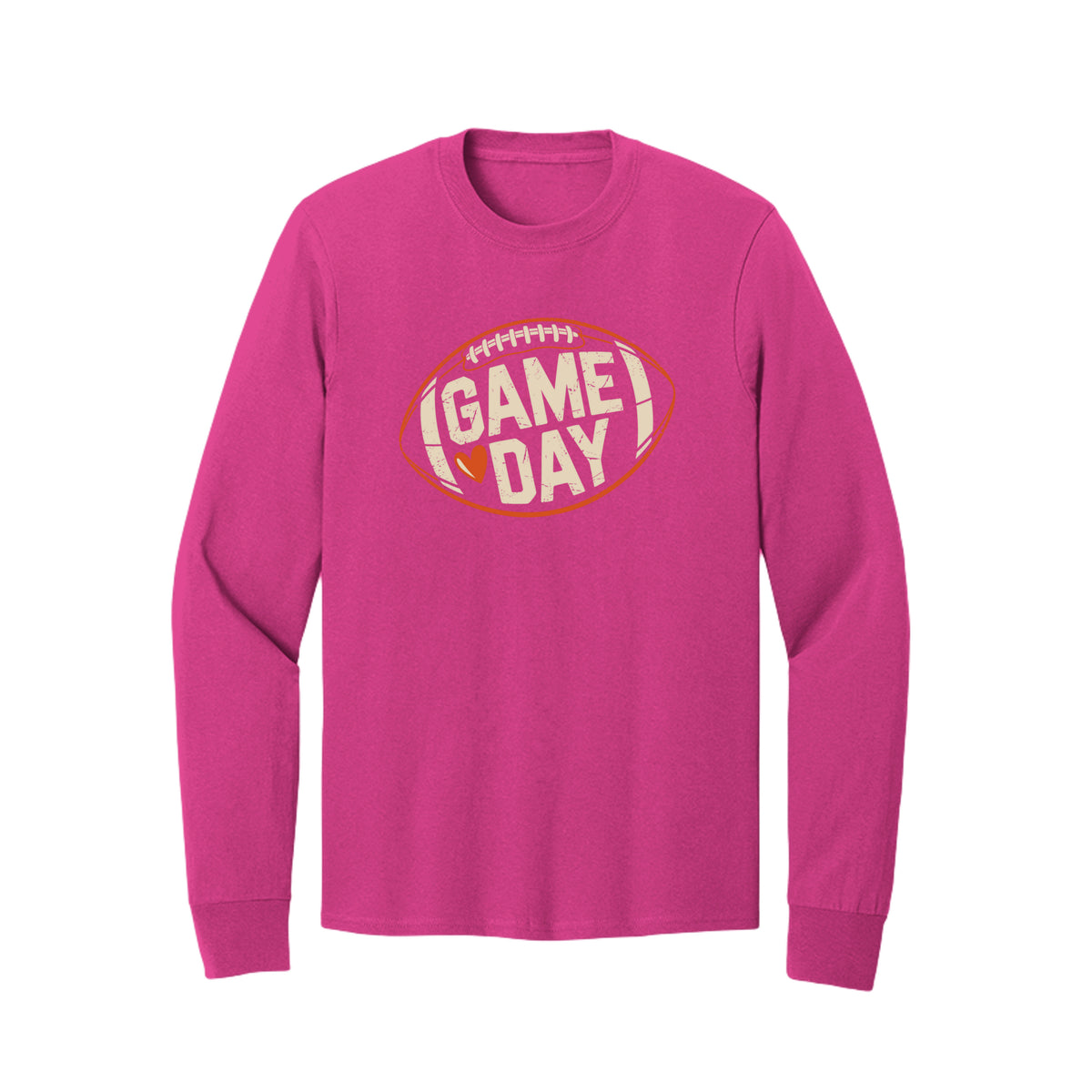 Front view of a bright pink long-sleeve T-shirt with cream Game Day lettering and a heart inside an orange football outline.